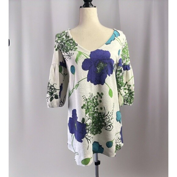 Anthropologie Tops - Anthropologie Deletta Haru S Floral Tunic Top Blue Green Puff Sleeve Mid Mod MCM